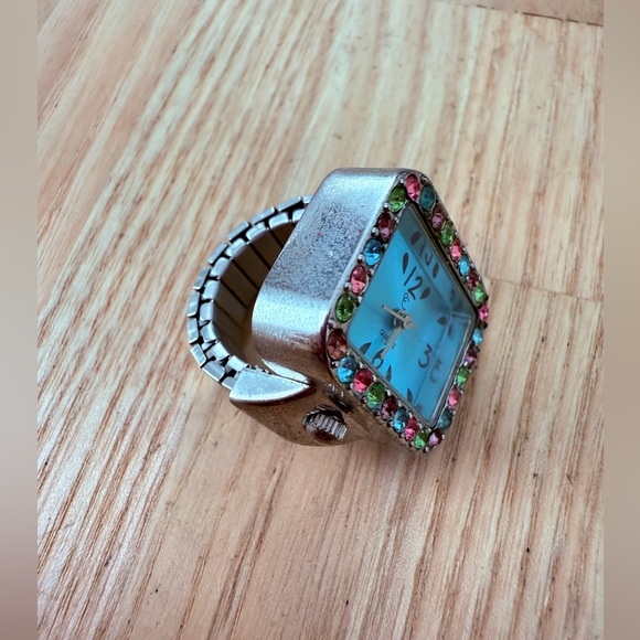Vintage charming Charlie blue dial multi color crystals ring watch NEW BATTERY